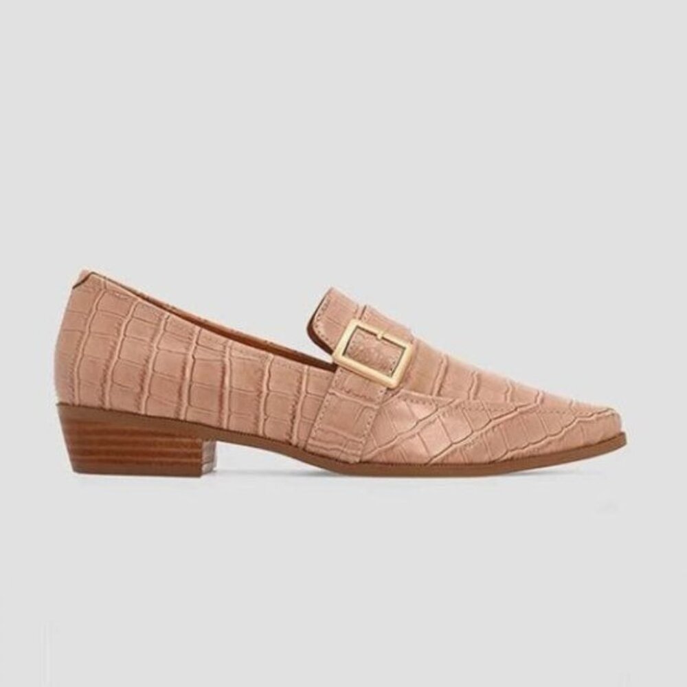 FOWT Nude Pointed Toe Buckle Closed Toe Pump Low Heel Loafer Comfy Dress Shoes